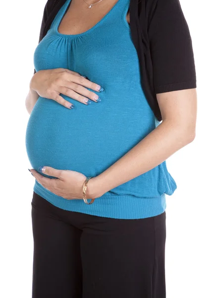 Segure barriga azul top grávida — Fotografia de Stock