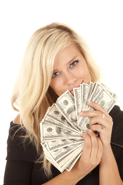 Woman black dress money happy — Stock Photo, Image