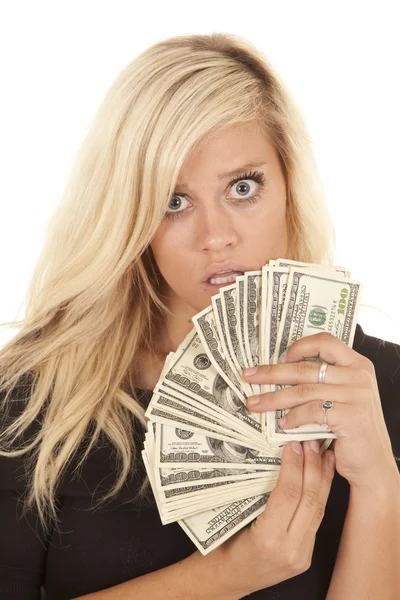 Mulher vestido preto dinheiro choque — Fotografia de Stock