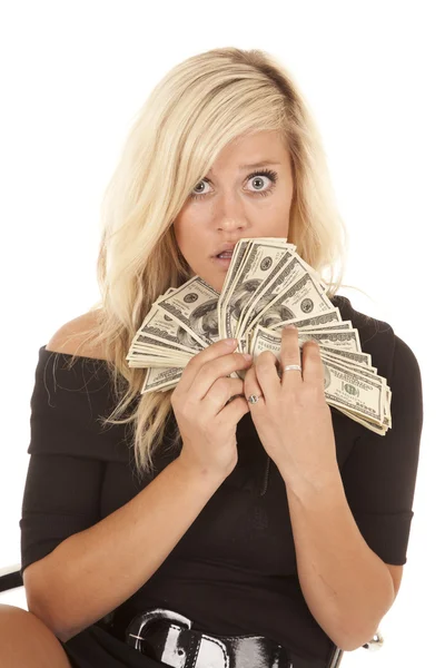Mujer vestido negro dinero sobresaltado — Foto de Stock