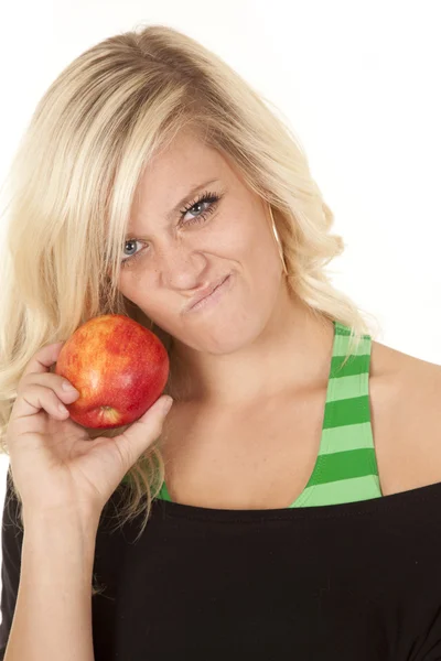 Woman not happy with apple — Stock Photo, Image