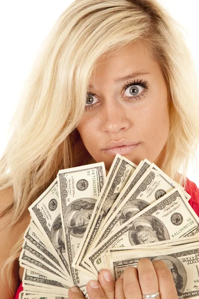 Woman money close serious — Stock Photo, Image