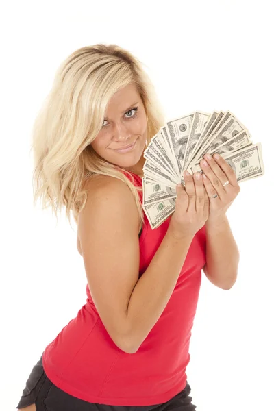 Woman red top fan money — Stock Photo, Image