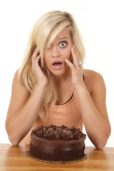 Woman wtih cake and shocked expression — Stock Photo, Image
