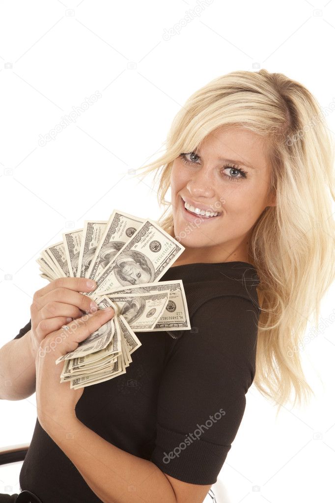 Woman black dress hundred dollar bills