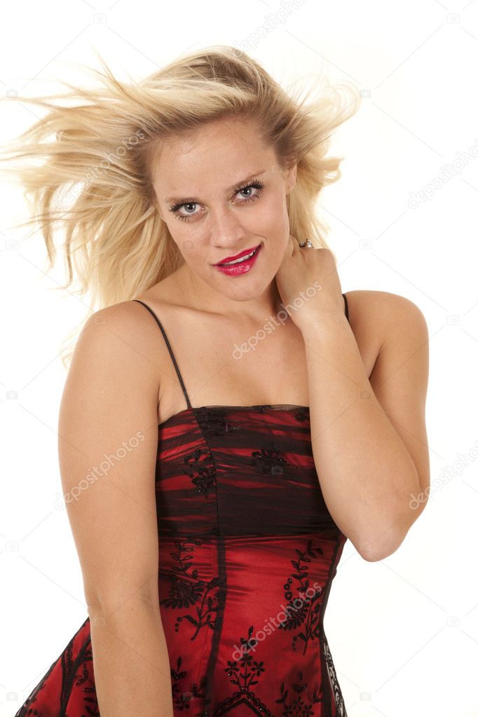 Woman red dress and lipstick smile