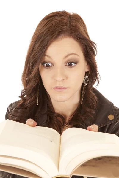 Woman book close to face surprised — Stock Photo, Image