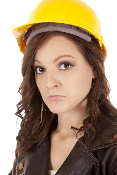 Vrouw bouw hoed triest — Stockfoto
