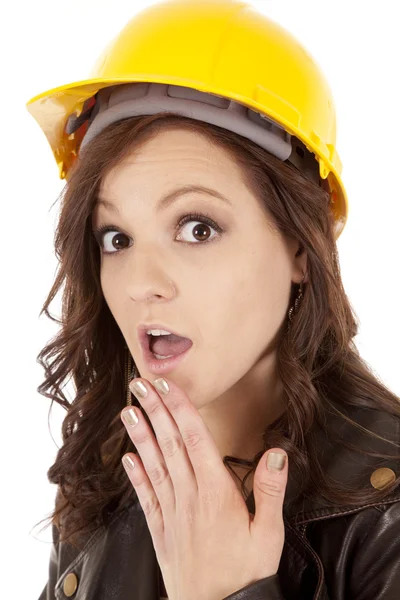 Woman construction hat shock — Stock Photo, Image