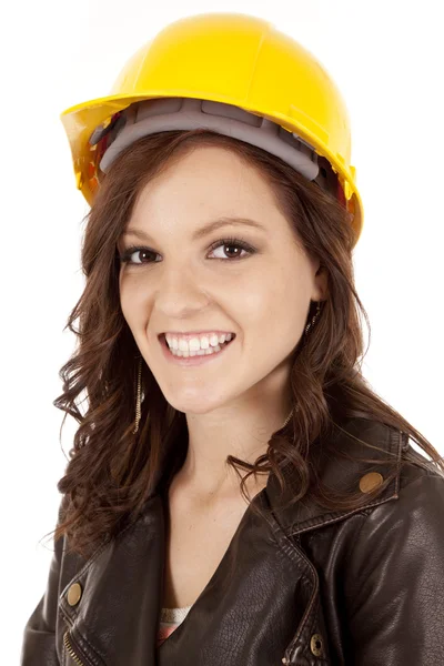 Kadın inşaat şapka gülümseme — Stok fotoğraf