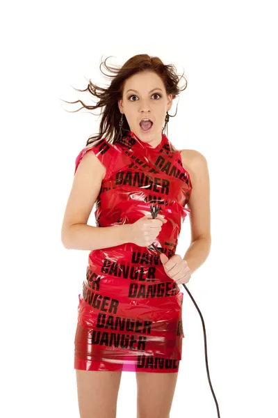 Woman danger cord shock — Stock Photo, Image