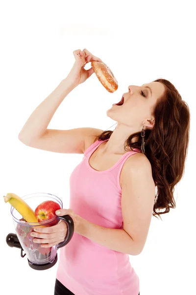 Woman fruit blender doughnut eat — Stock Photo, Image