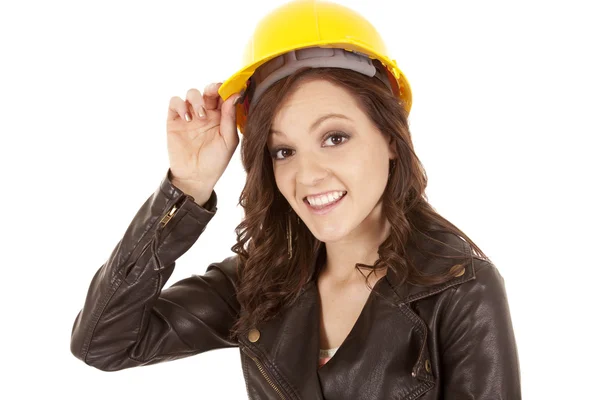 Woman yellow hat hold — Stock Photo, Image