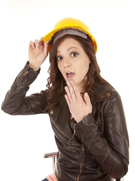 Woman yellow hat shocked — Stock Photo, Image