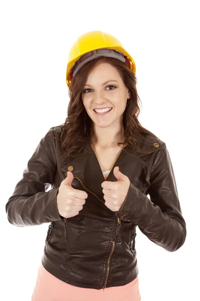 Woman yellow hat thumbs up — Stock Photo, Image