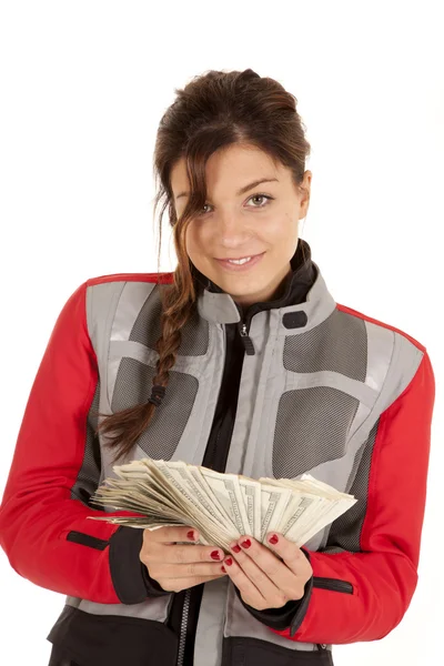 Biker женщина вентилятор деньги выглядят — стоковое фото