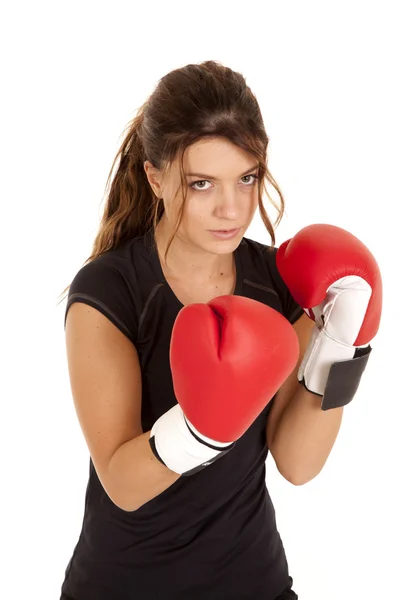 Kvinna boxningshandskar allvarliga — Stockfoto