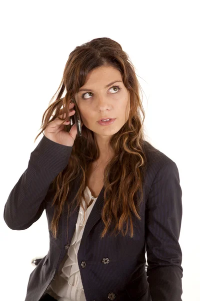 Žena telefon černý oblek vzhled — Stock fotografie