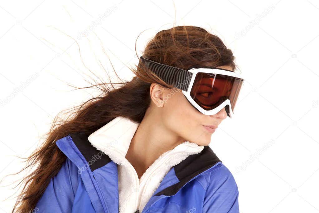 Woman ski goggles look side