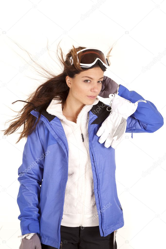 Woman ski jacket hand head