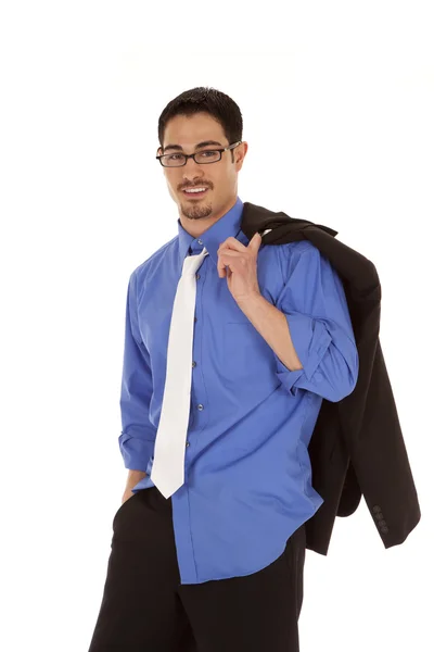 Business ma jacket over shoulder smile — Stock Photo, Image