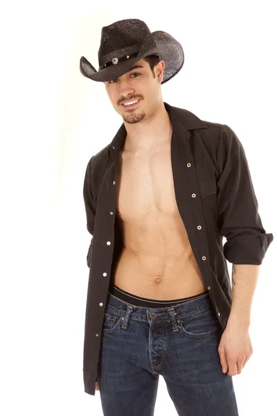 Cowboy shirt open glimlach — Stockfoto