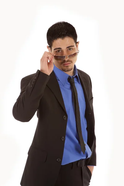 Człowiek biznesu niebieski okulary wyglądają — Zdjęcie stockowe