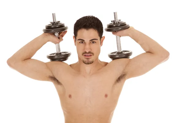 MAn weights on shoulders no shirt — Stock Photo, Image