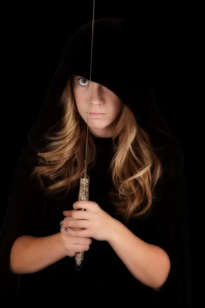 Girl cloak sword — Stock Photo, Image
