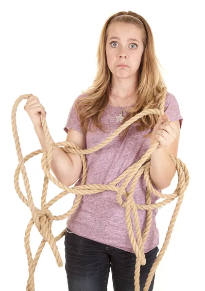 Girl funny face rope — Stock Photo, Image