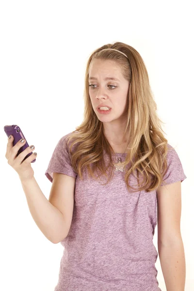Girl purple phone frustrated — Stok fotoğraf