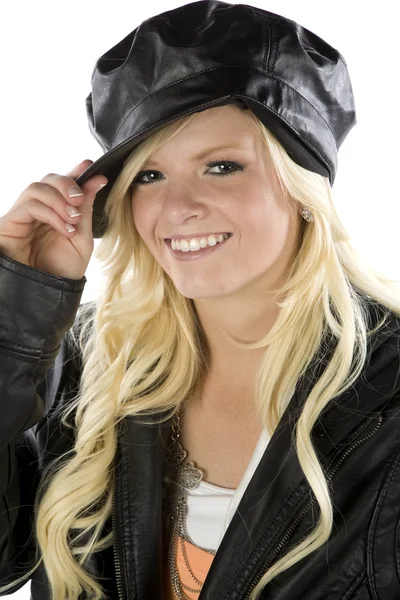 Dziewczyna trzyma czubek czarny kapelusz — Zdjęcie stockowe