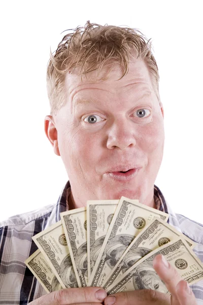 Man with a big fan of money — Stock Photo, Image