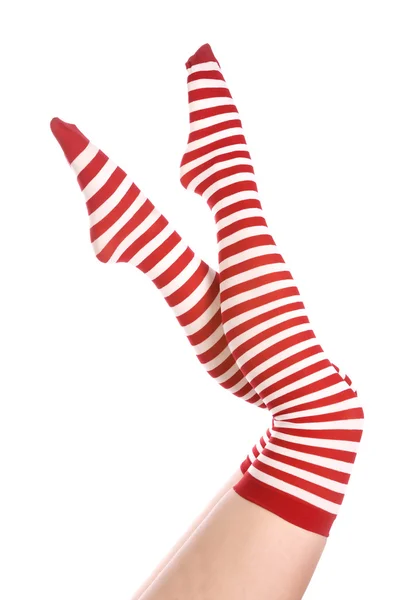Benen omhoog rode gestreepte sokken — Stockfoto