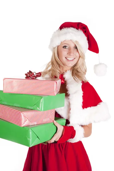 Ayudante de Santas sosteniendo regalos buscando — Foto de Stock