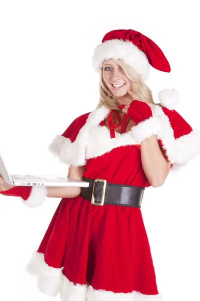 Santas helper laptop thinking — Stock Photo, Image