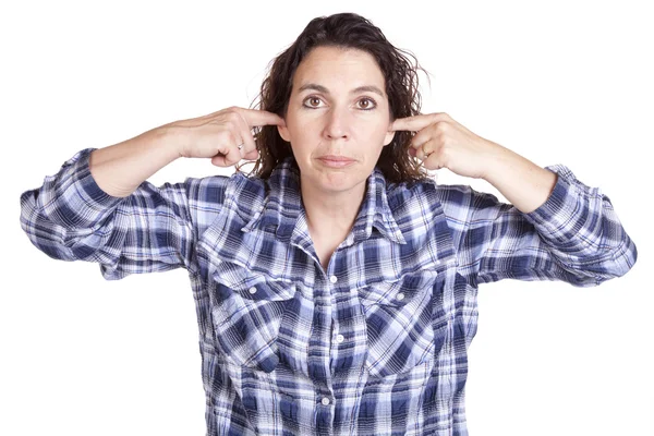 Kvinna uttryck blå finger öron — Stockfoto