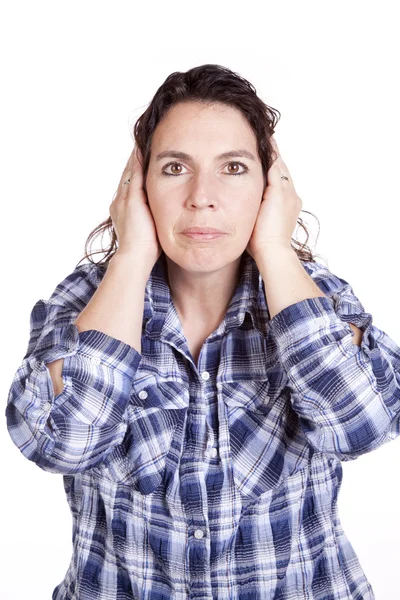 Woman expression blue hands ears — Stock Photo, Image