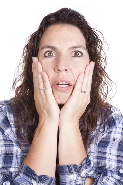 Woman expression blue hands face — Stock Photo, Image
