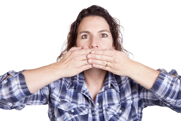 Frau Ausdruck blaue Hände Mund — Stockfoto