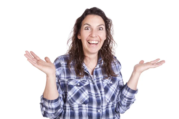 Kvinna uttrycket happy händer upp — Stockfoto