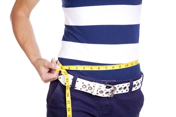 青と白の腰の測定での女性 — ストック写真