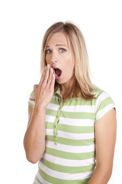 Woman in green and white shocked — Stock Photo, Image
