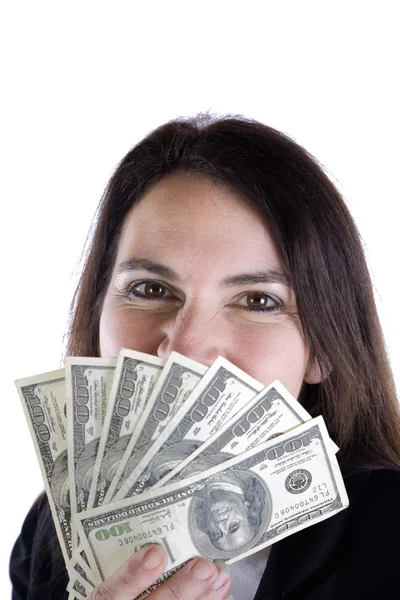 Woman peeking over hundred dollar bills. — Stock Photo, Image