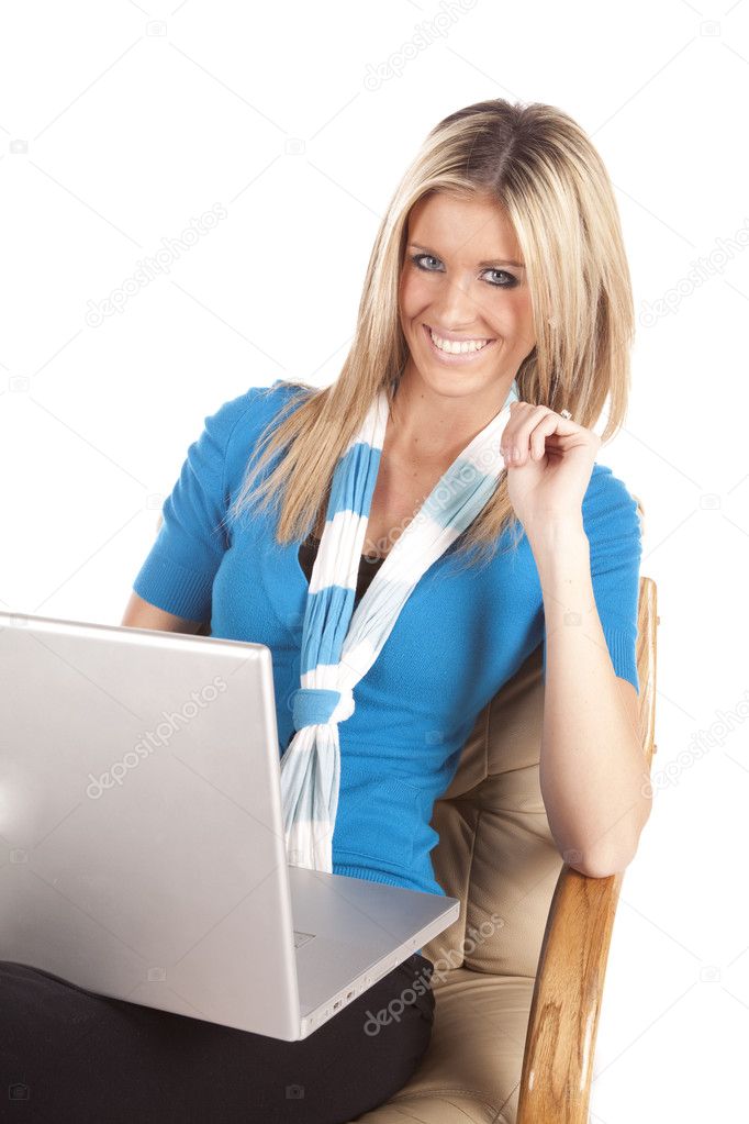 Woman laptop smiling in blue
