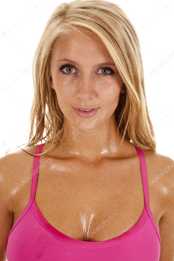Woman workout sweat head small smile