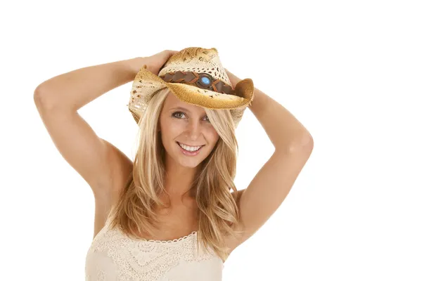 Kobieta cowgirl obu rąk kapelusz — Zdjęcie stockowe