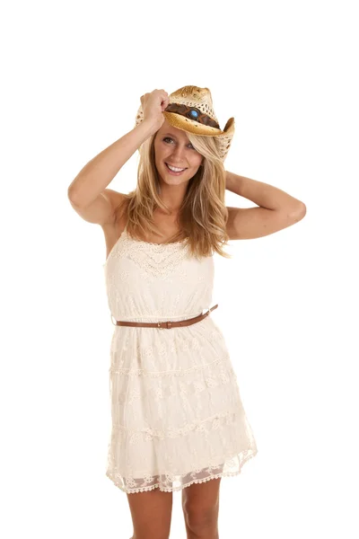 Segure chapéu para baixo cowgirl — Fotografia de Stock