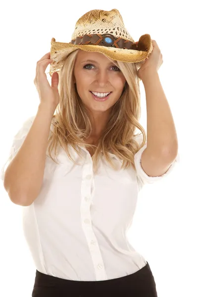 Uśmiech biały kapelusz koszula — Zdjęcie stockowe