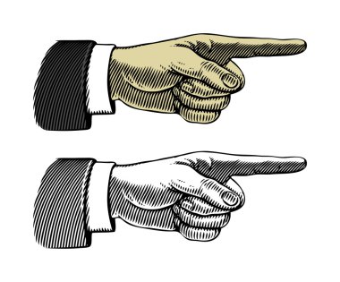 Hand with pointing finger in engraved style clipart